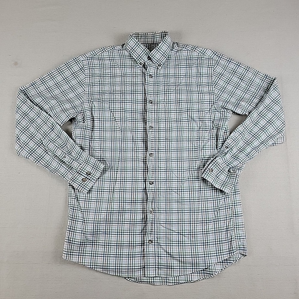 Cabelas Plaid Button Up Shirt Green White Tan  100% Cotton Long Sleeve Mens Med